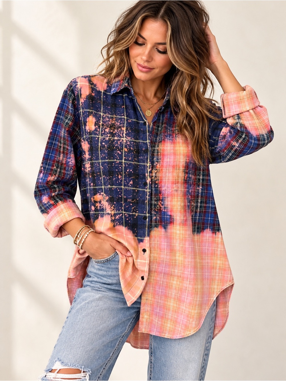 Zara Premium Denim Collection Custom Bleach Dyed Plaid Shirt XS 100% Cotton